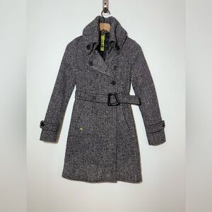 Soia & Kyo Collar Double Breasted Wool Tweed Long Trench Coat Black Sz XXS
